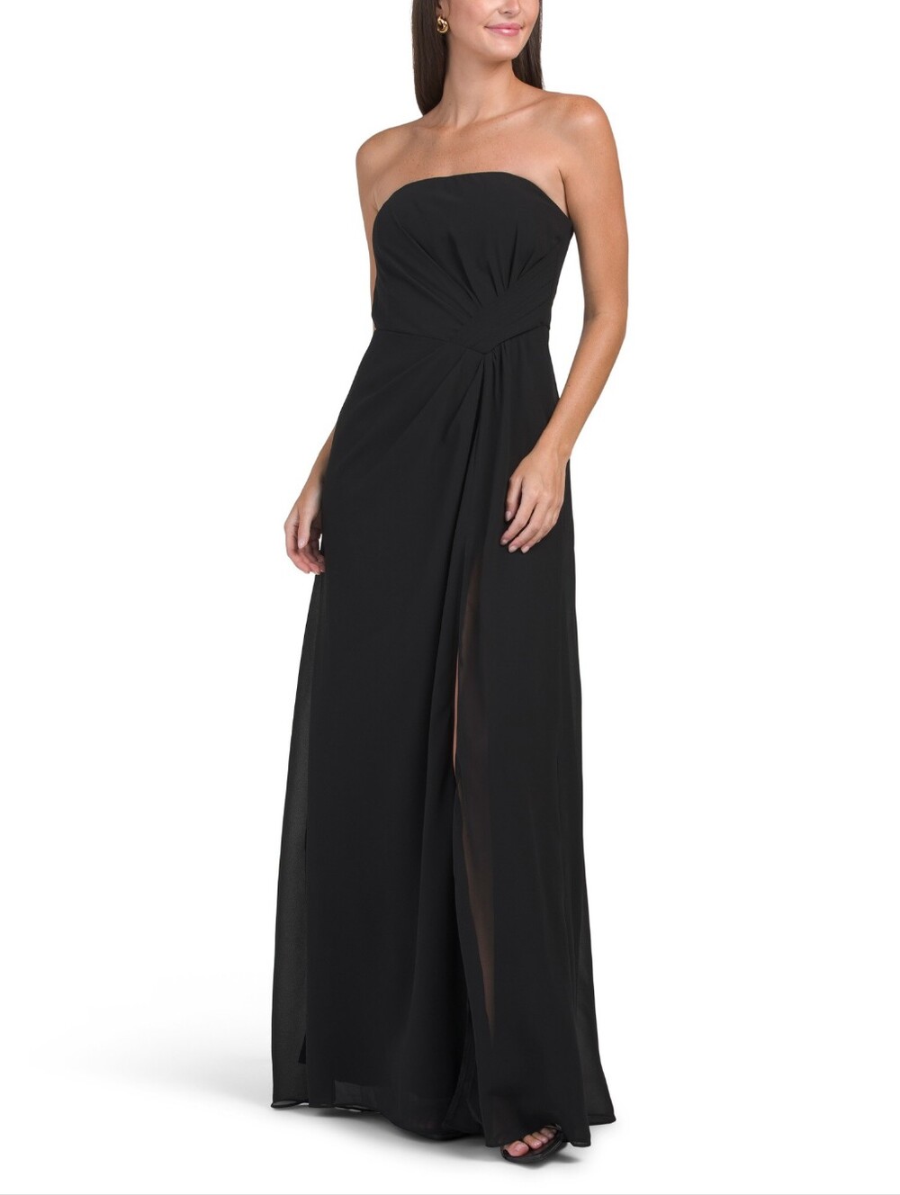 Camila Coehlo Black Strapless Chiffon Maxi Formal Dress with Draped Detail